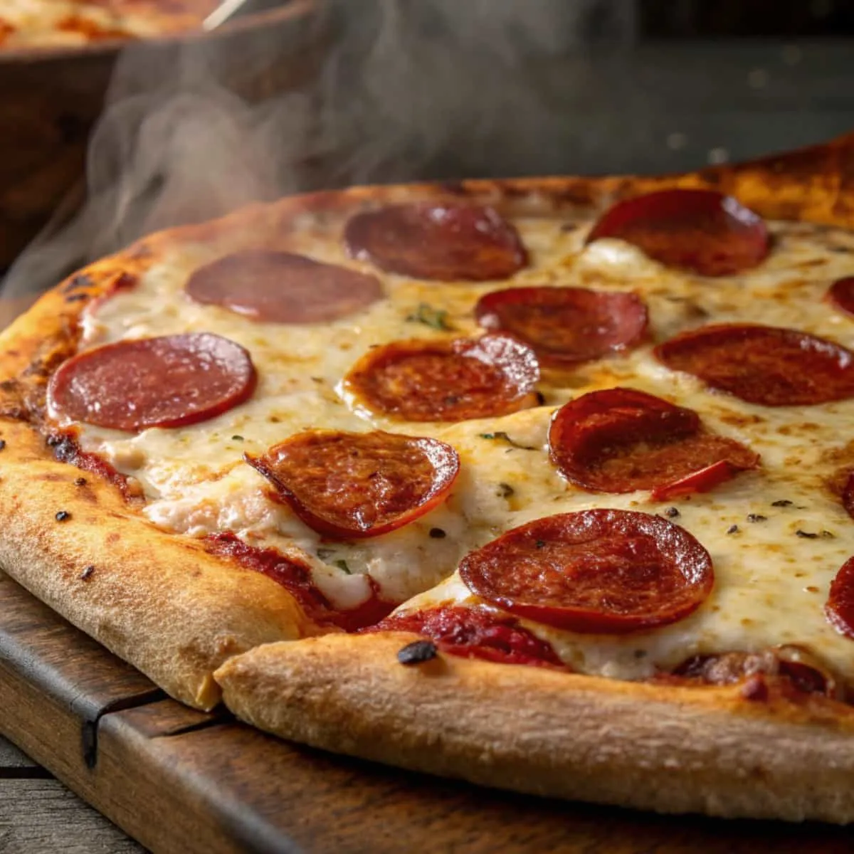 Steaming  pizza with melted cheese and crispy crust on a wooden board. Perfect for pizza lovers.