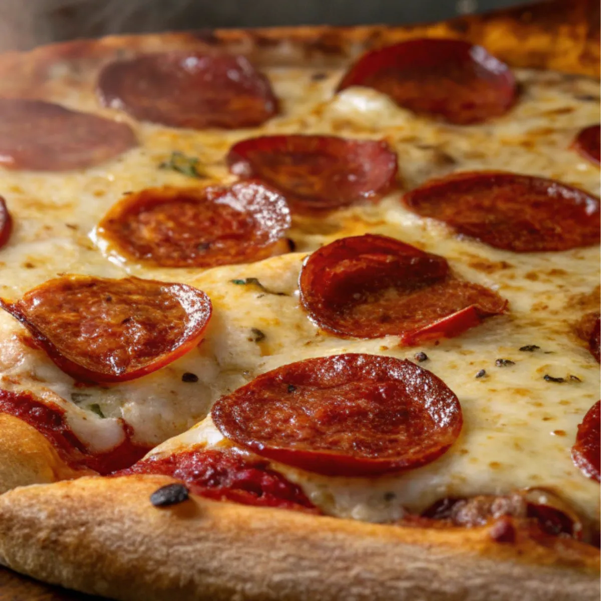 Delicious pepperoni pizza with melted cheese and crispy crust, hot and ready to eat.