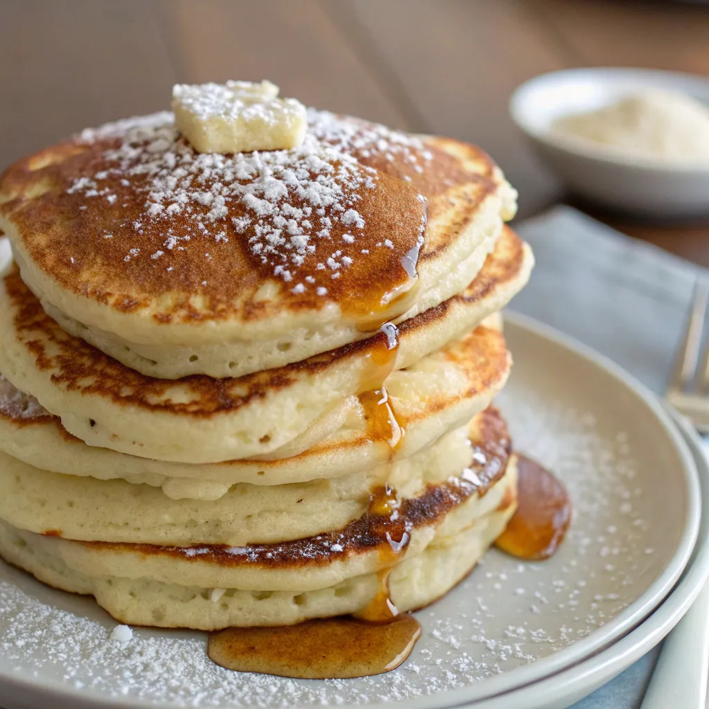 Stack of fluffy buttermilk pancakes topped with butter and syrup, sprinkled with powdered sugar on a plate.
