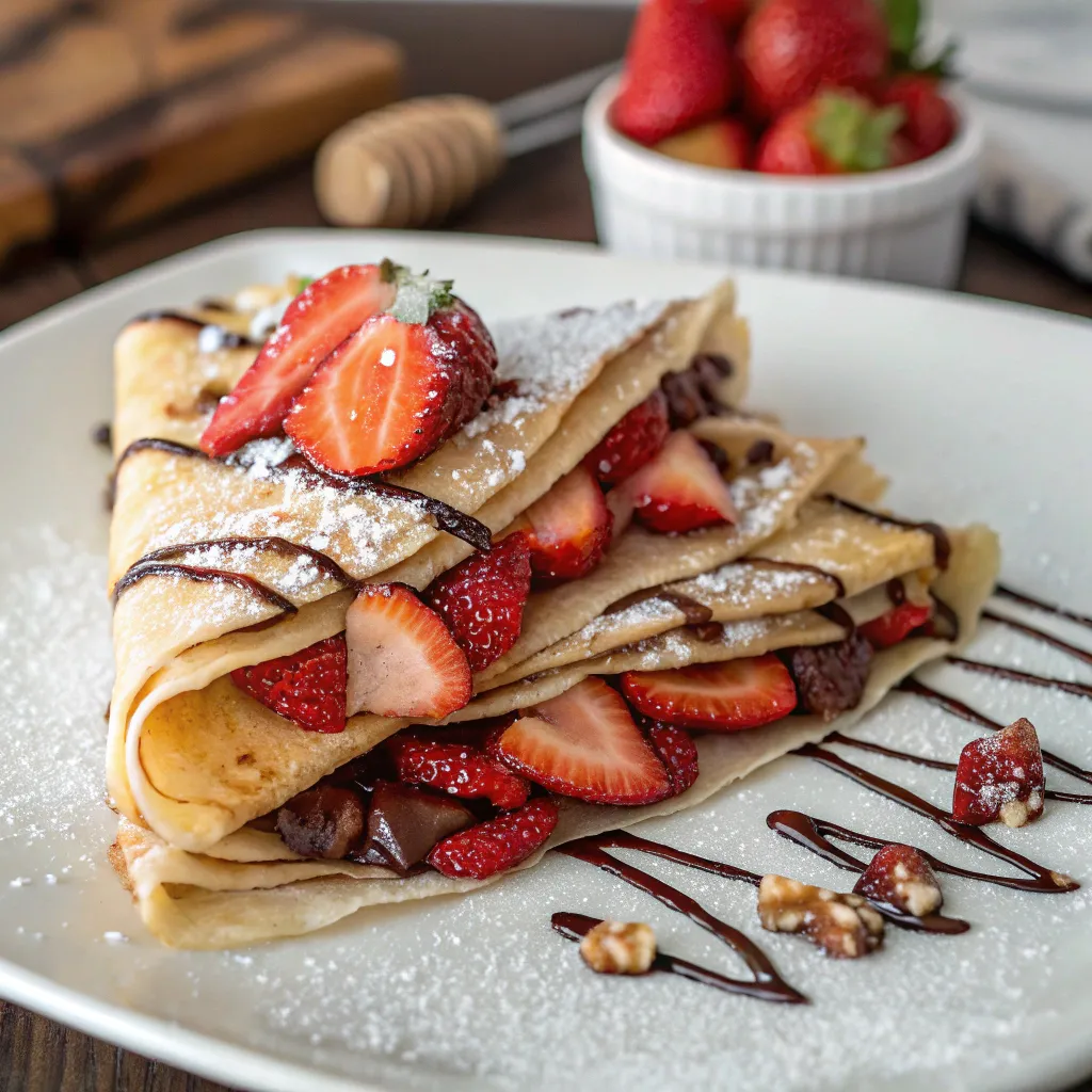 Delicious Banana & Strawberry Crepes with strawberries, chocolate drizzle, banana and powdered sugar on a white plate.