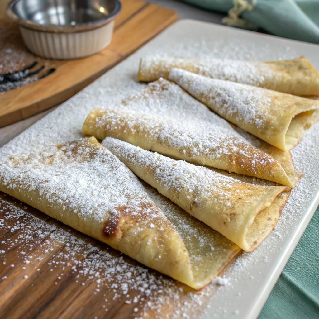 Four folded crepes dusted with powdered sugar on a wooden board, with a small dish in the background.