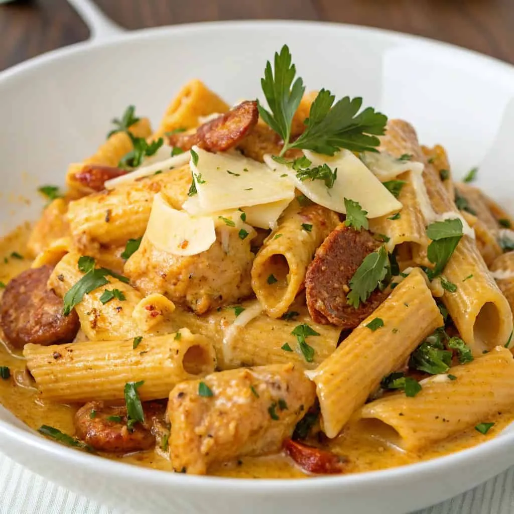 Creamy chicken and chorizo pasta with cheese and parsley on top.