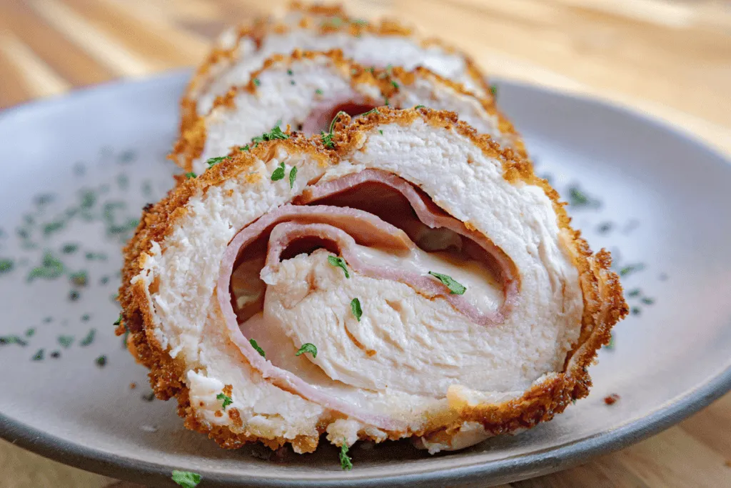 Close-up of sliced chicken cordon bleu with crispy coating, ham, cheese, and garnished herbs on a white plate.