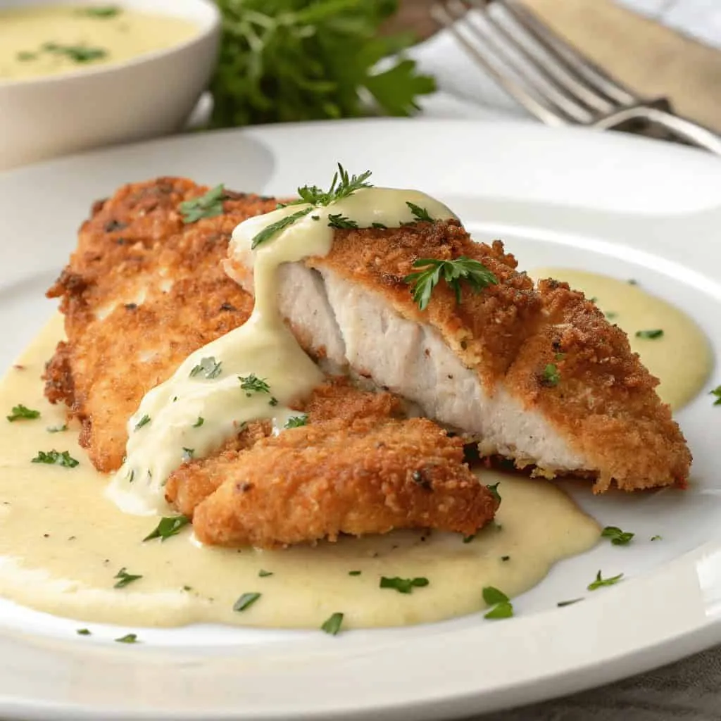 Chicken with Lemon Cream Sauce (Beurre Blanc) on a white plate, served with a side of sauce.