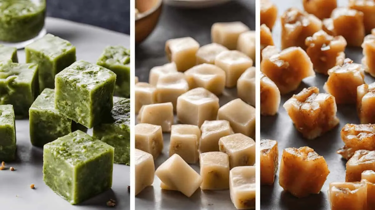 Three types of food cubes: green pesto, creamy tofu, and caramelized brown sugar on a gray surface.