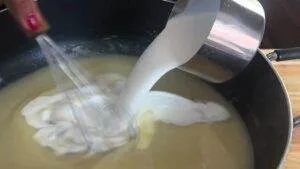 Pouring cream into saucepan, mixing ingredients for homemade sauce preparation.