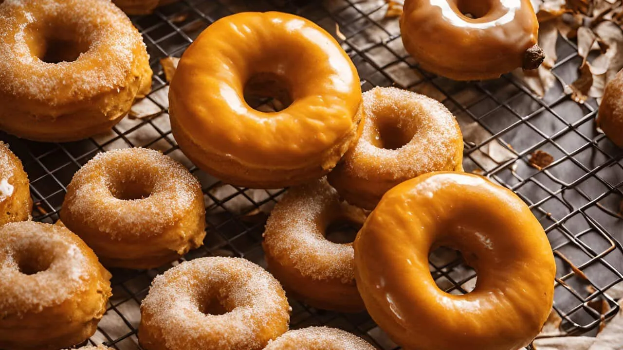 Assorted glazed and sugared donuts on a cooling rack, perfect for breakfast or a sweet treat.