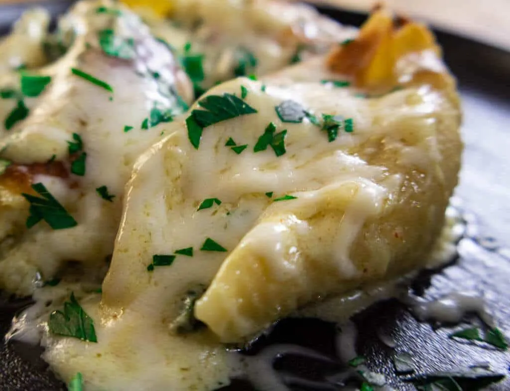 chicken Alfredo stuffed shells topped with melted cheese and fresh herbs on a black plate.