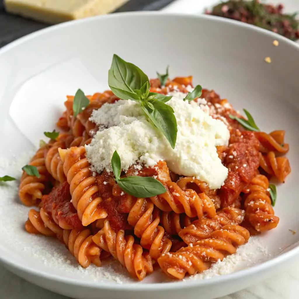 Delicious pasta alla vodka with tomato sauce, ricotta, and fresh basil leaves in a white bowl.