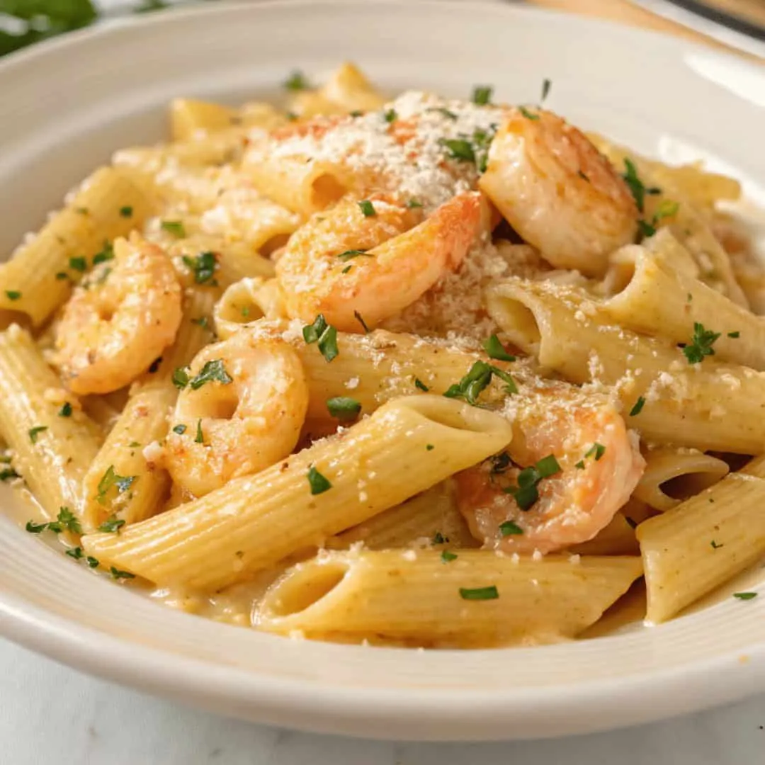 Creamy shrimp penne pasta garnished with parsley and Parmesan cheese in a white bowl.