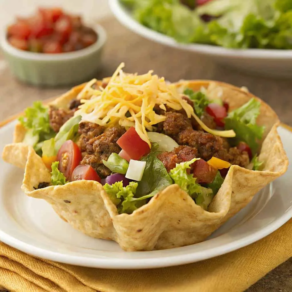 Taco salad with ground beef, lettuce, tomatoes, onions, and cheese, garnished on a white plate.