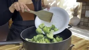 Woman cooking broccoli in a pan, adding fresh florets from a white plate in a sunny kitchen.