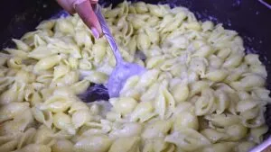 Creamy shell pasta being stirred with a spoon, showcasing delicious cheesy sauce. Perfect comfort food dish.