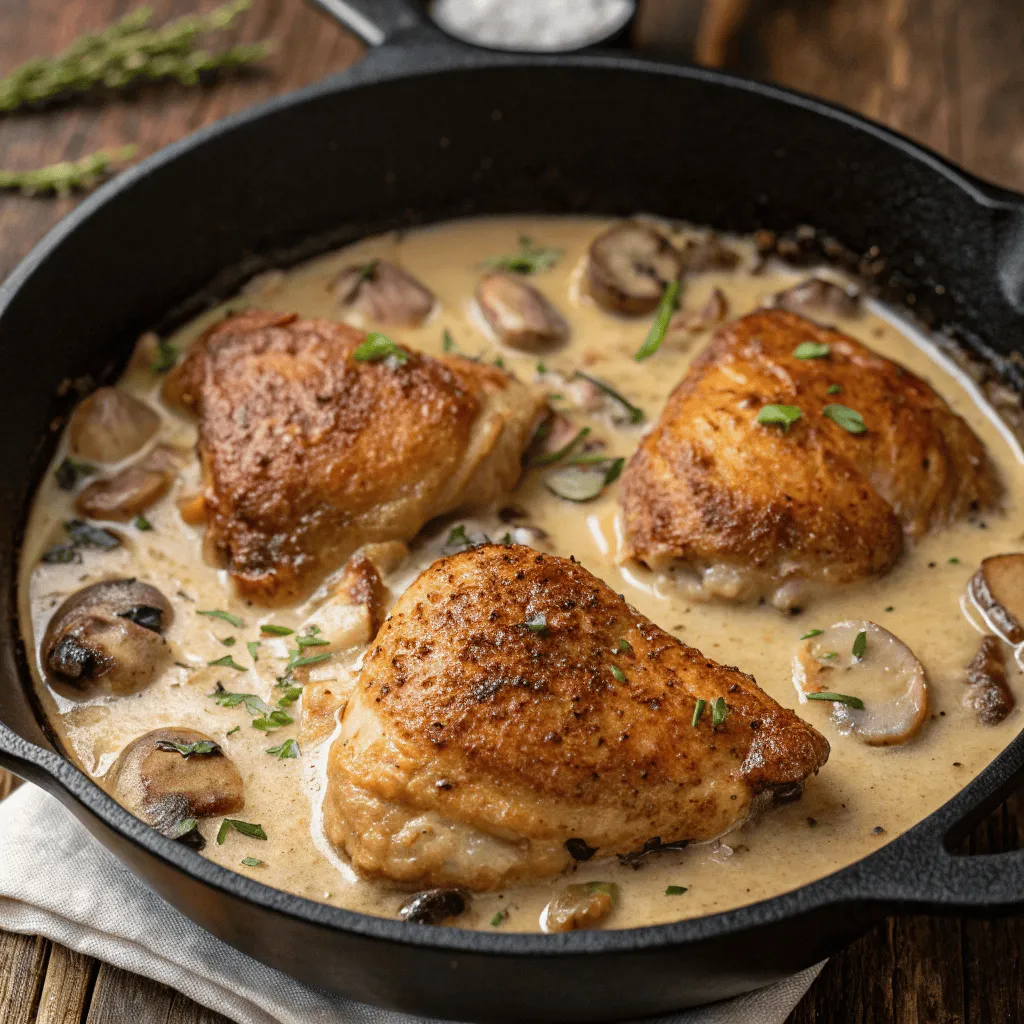 One-pot baked chicken and gravy and mushrooms in a skillet.