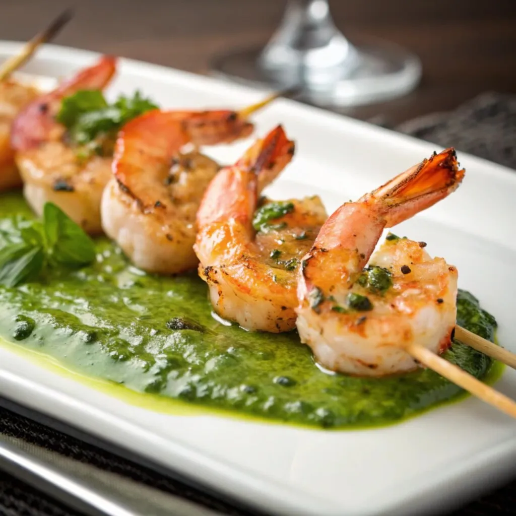 Grilled shrimp skewers on a plate with green pesto sauce, garnished with fresh herbs.