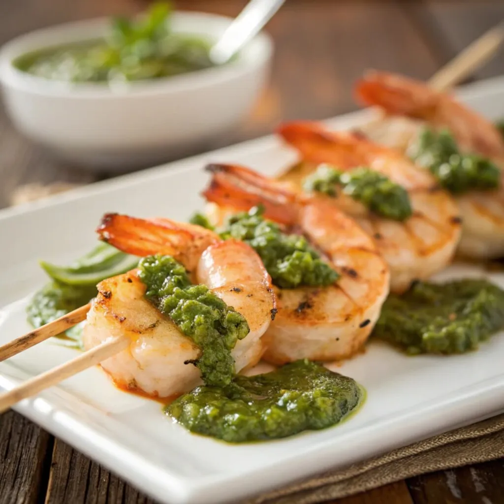 Grilled shrimp skewers with green basil sauce on a white plate, served with a bowl of sauce in the background.
