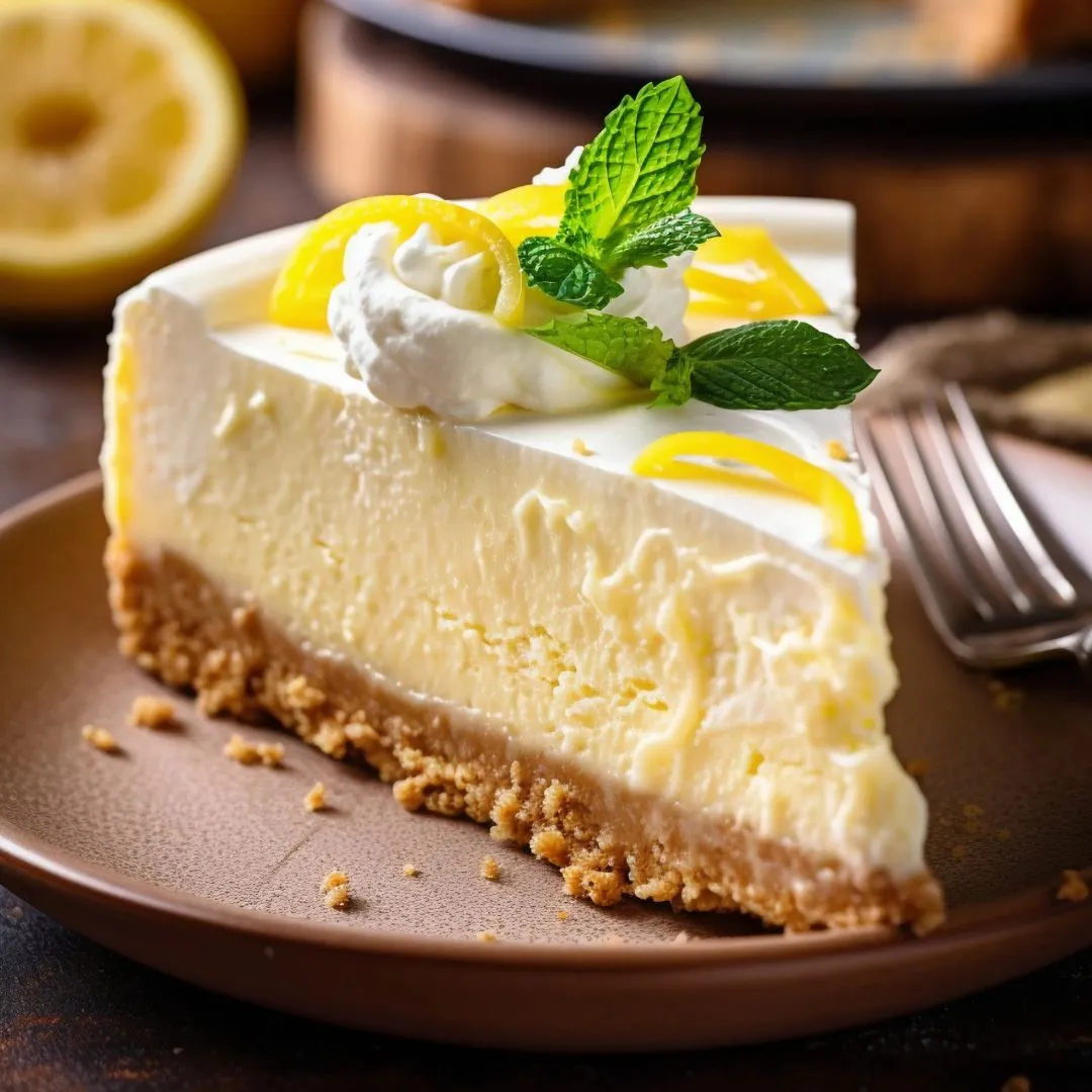 Slice of creamy lemon cheesecake with lemon zest and mint garnish on a brown plate.