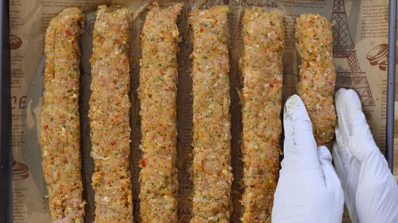 Gloved hands shaping seasoned chicken kebabs on baking paper, ready for cooking.