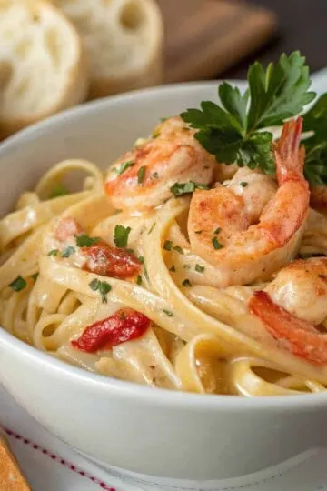 Creamy shrimp pasta with herbs and garlic bread. Delicious seafood linguine in a white bowl, perfect for dinner.