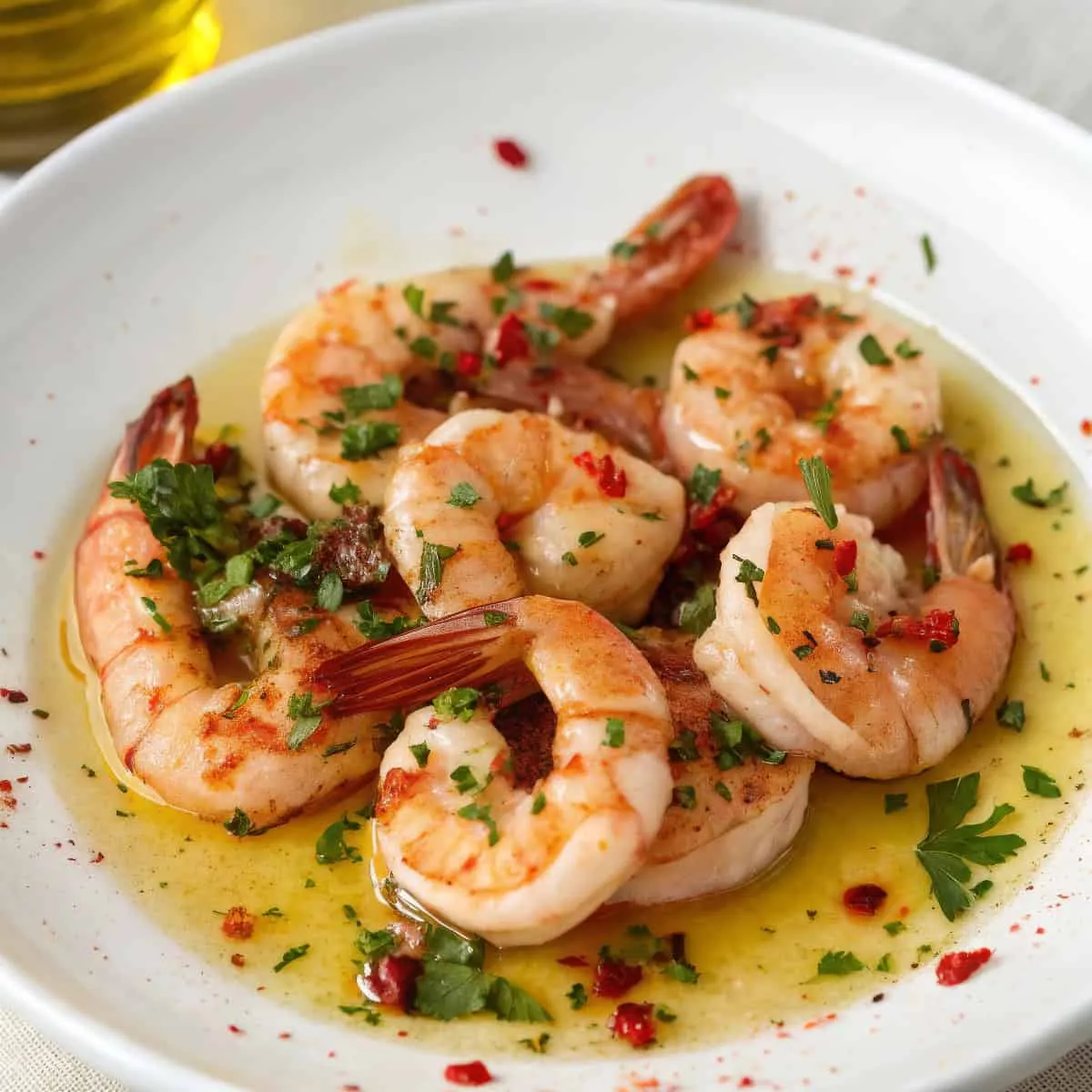 Juicy shrimp in garlic butter sauce garnished with parsley and red pepper flakes on a white plate.