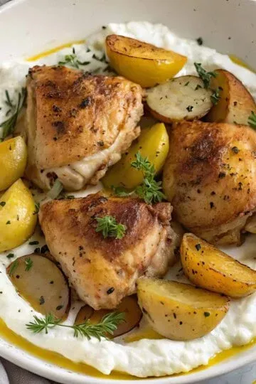 Roast chicken thighs with potatoes and herbs on creamy mashed potatoes. Delicious, comforting meal served in a white dish.