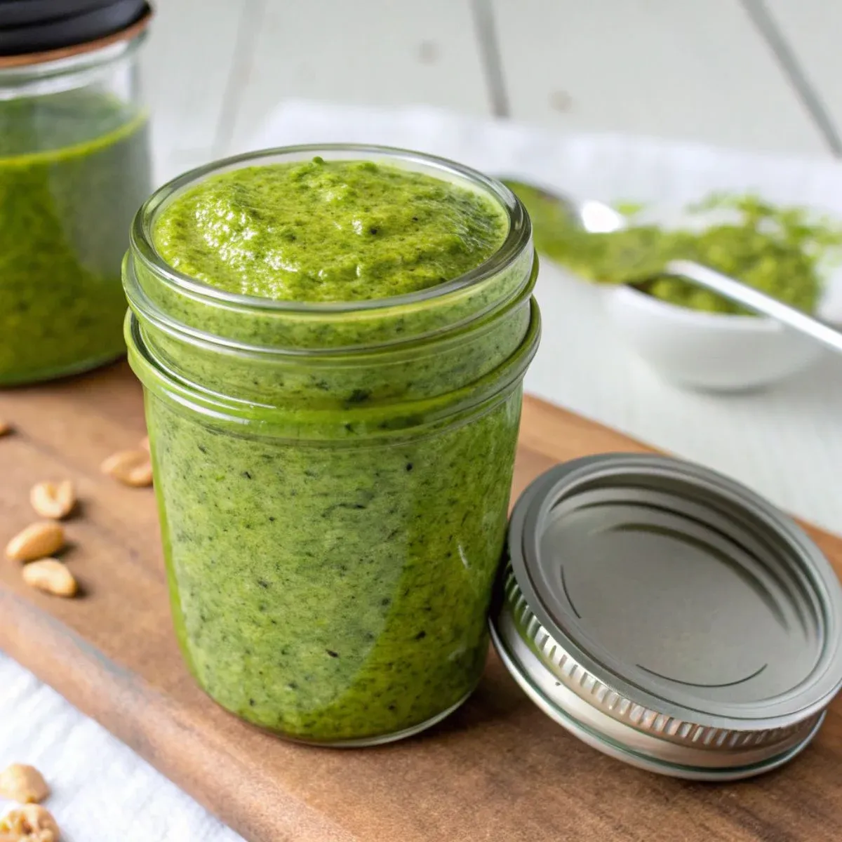 Pistachio pesto sauce in a glass jar on a wooden board with peanuts and a spoon nearby.