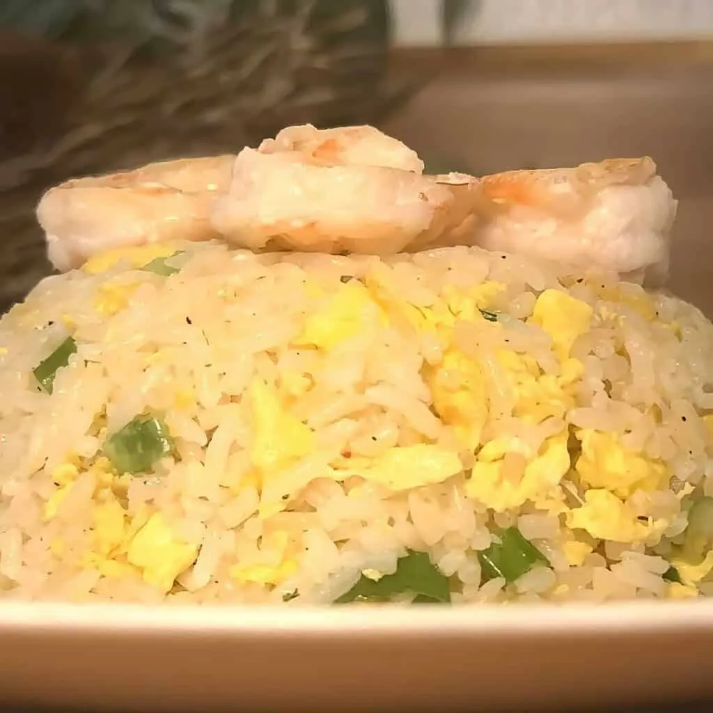 Delicious shrimp fried rice with eggs and green onions on a plate, perfect for a tasty Asian-inspired meal.