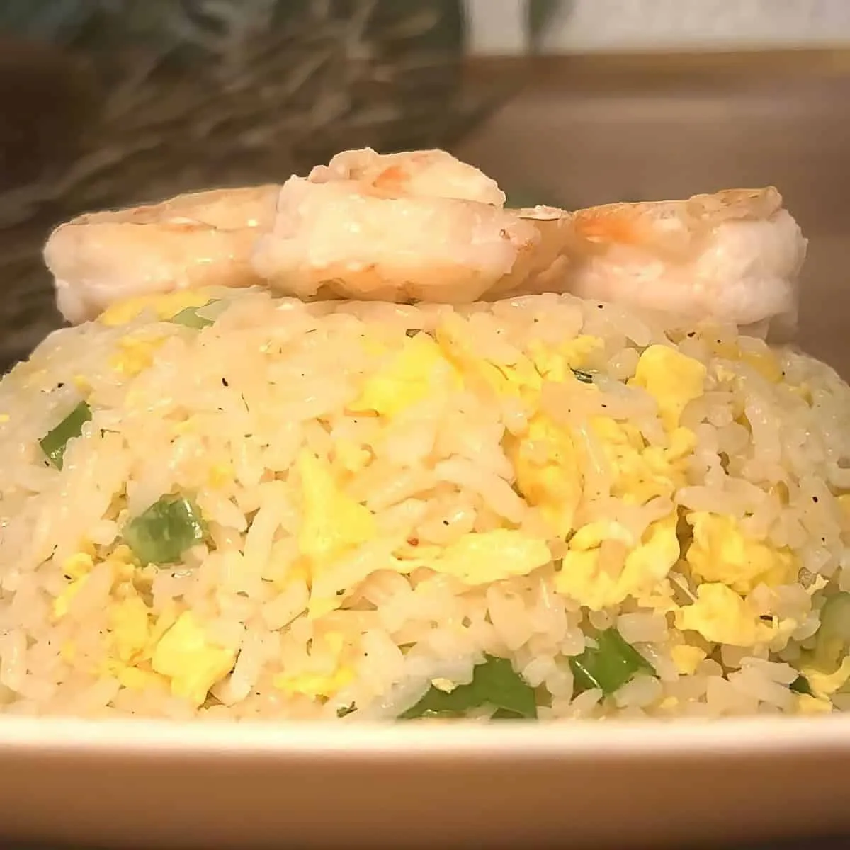 Delicious shrimp fried rice with eggs and green onions on a plate, perfect for a tasty Asian-inspired meal.