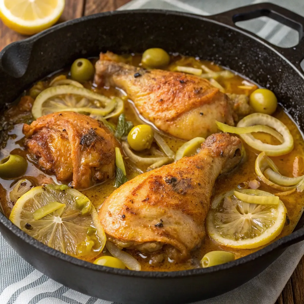 Poulet yassa with olives and lemon slices in a black pot.