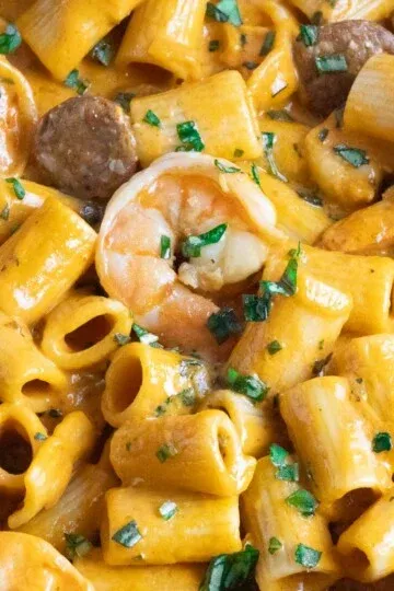 Creamy prawn and chorizo pasta.