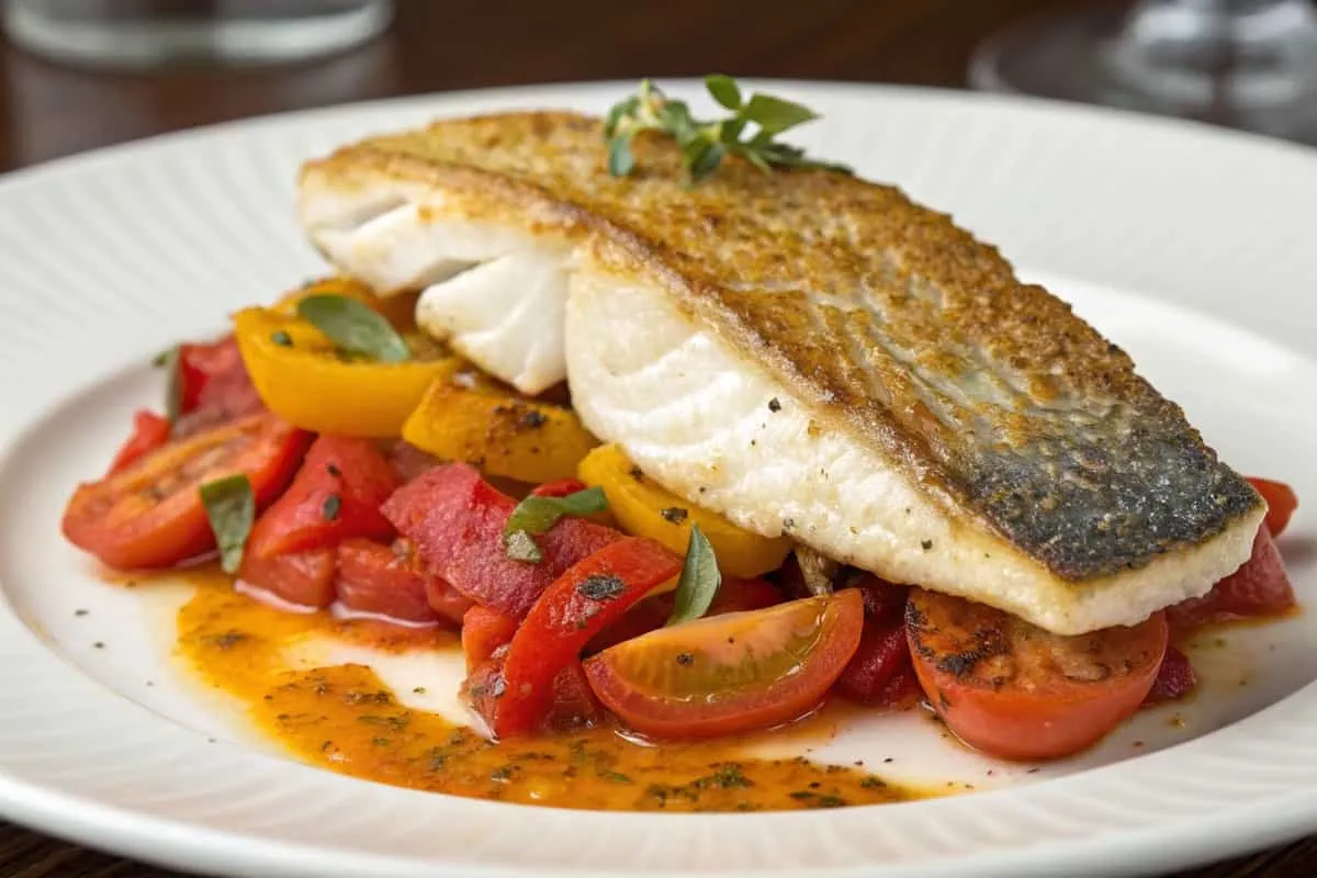 Branzino el forno on a bed of colorful sautéed vegetables garnished with herbs, served on a white plate.