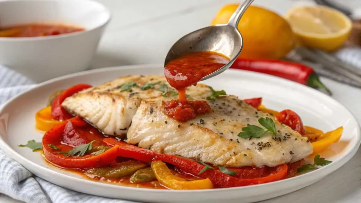 Branzino el forno which is Grilled fish with roasted vegetables and red sauce on white plate, garnished with herbs.