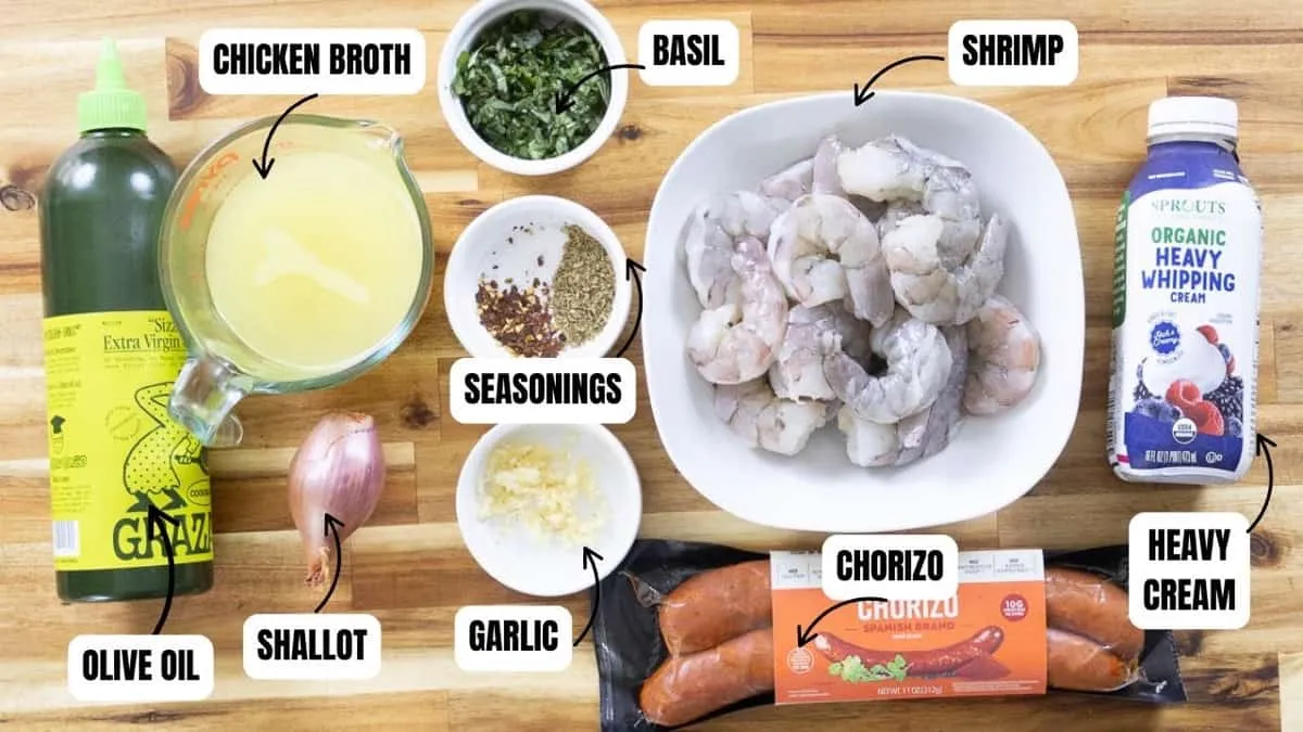 Ingredients for prawn and chorizo pasta: olive oil, shallot, garlic, broth, basil, seasonings, shrimp, cream.