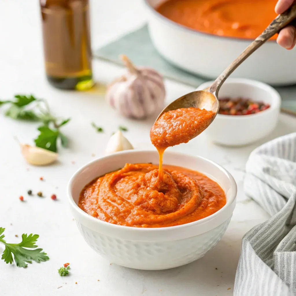 Creamy romesco sauce in a bowl with garlic, herbs, and spices on a table. 