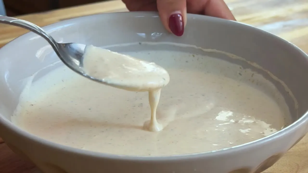 Creamy white sauce dripping from a spoon into a bowl.
