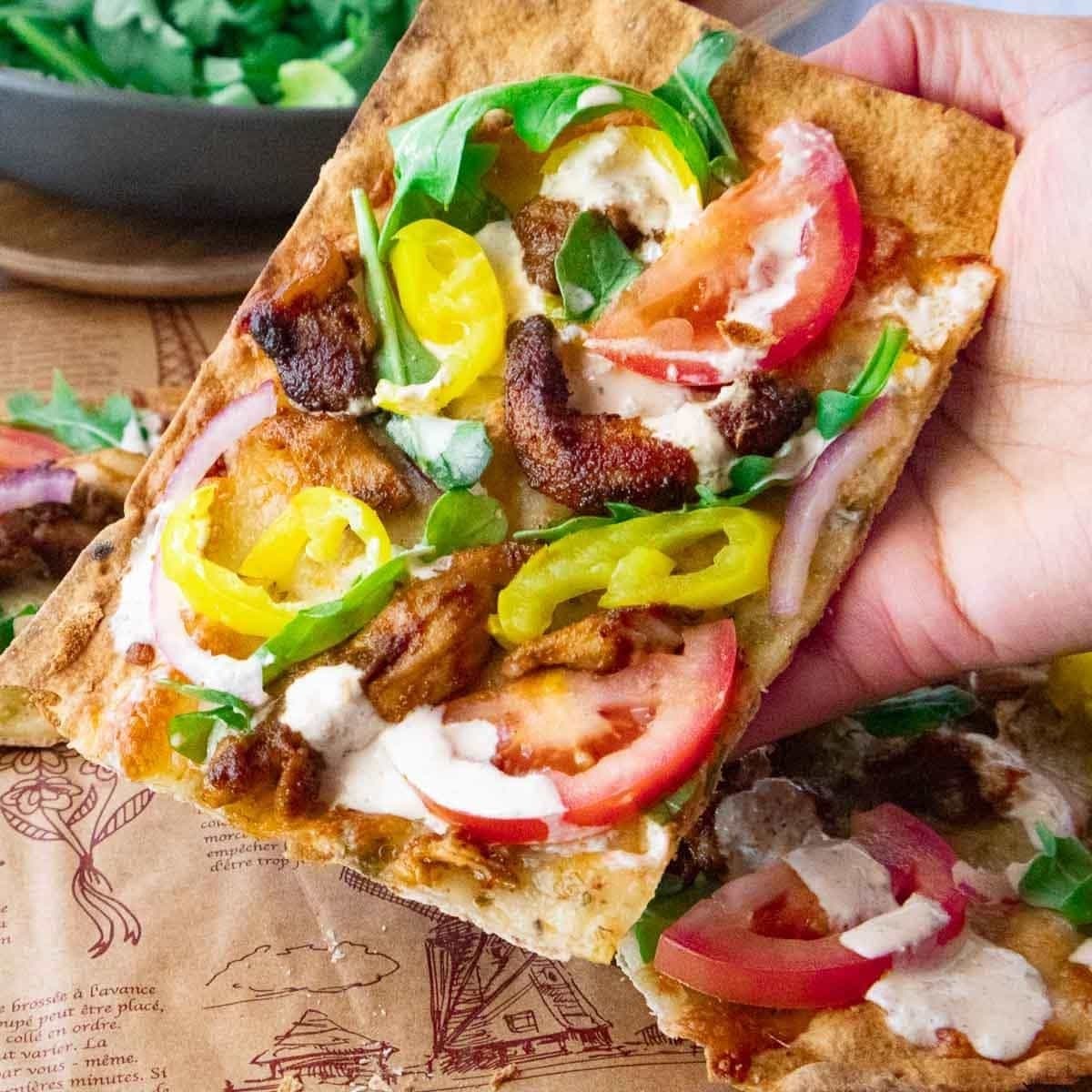Shawarma pizza with white sauce