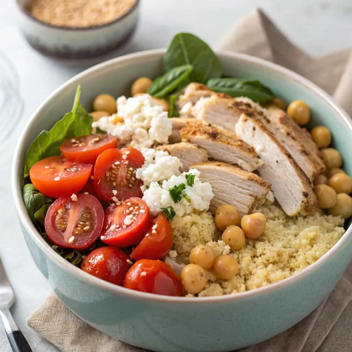 Healthy chicken couscous bowl with cherry tomatoes, chickpeas, spinach, and feta cheese.
