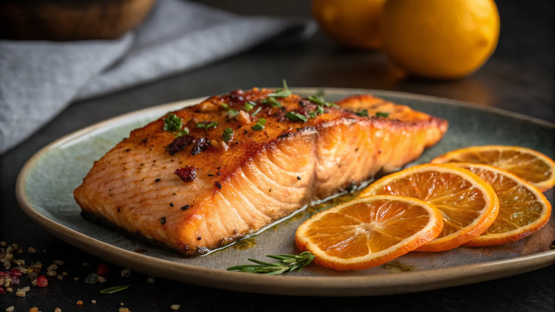 Mediterranean Salmon with herbs and citrus slices on a plate, garnished with rosemary.