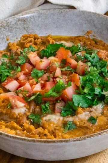 Creamy hummus topped with fresh diced tomatoes and cilantro in a rustic bowl.