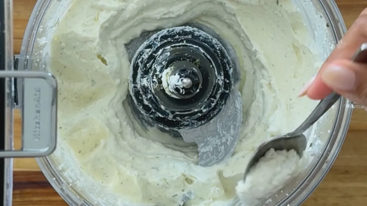 Making whipped feta in a food processor.