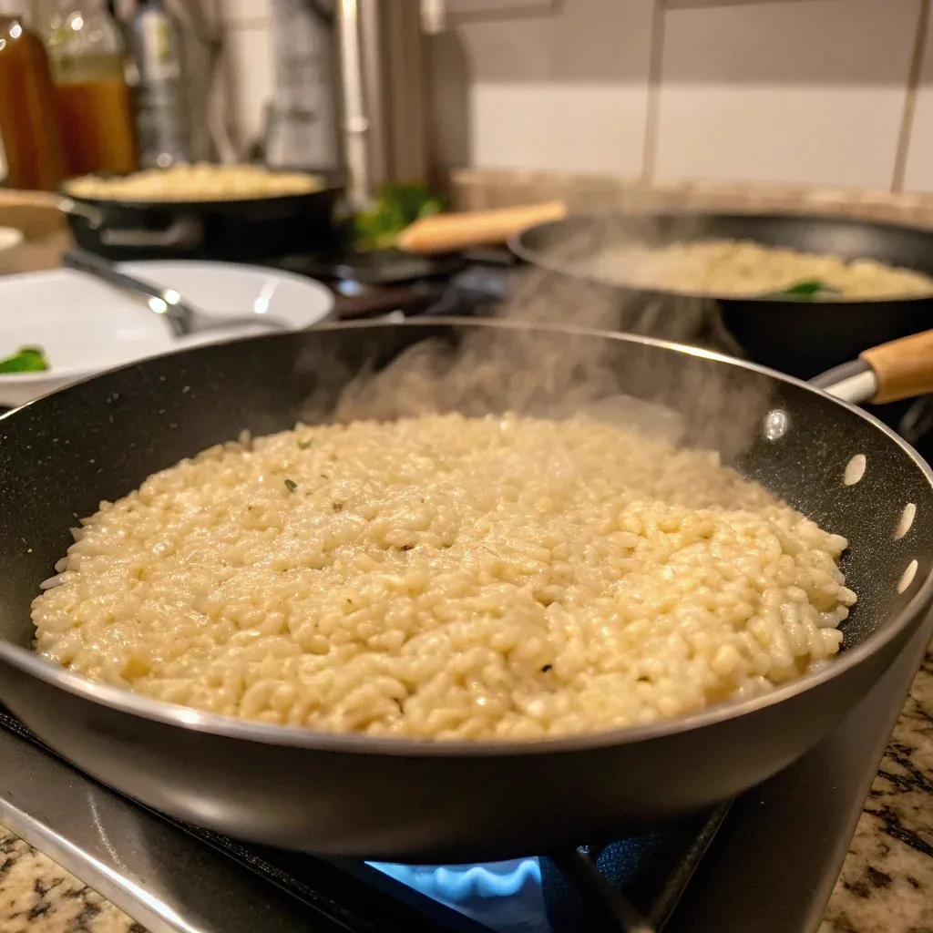 Creamy Risotto agli Asparagi cooking in a steaming pan on a stove.