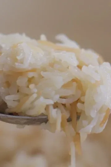 Close-up of fluffy rice served on a spoon, showcasing texture and mild color.
