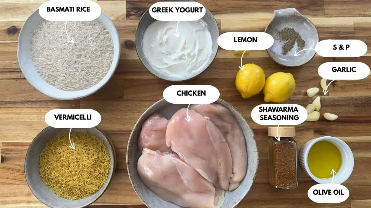 Ingredients for shawarma include chicken, rice, Greek yogurt, vermicelli, lemon, garlic, olive oil, and spices.