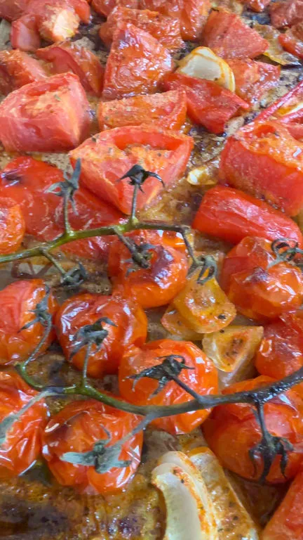 Roasted tomatoes and onions with a rich glaze.