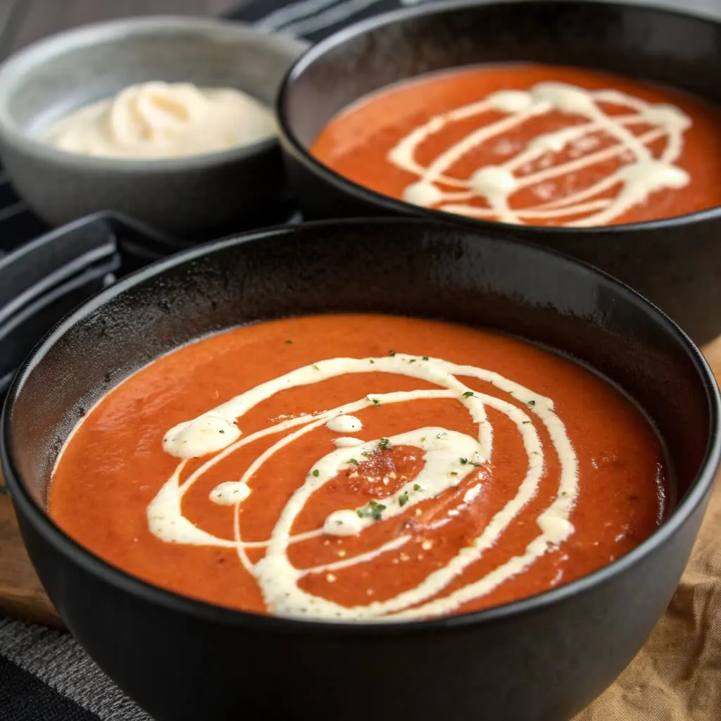 Roasted cherry and heirloom tomato soup with cream drizzle in black bowls.