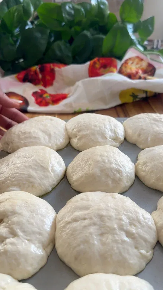 Tray of raw dough balls on a wooden table with a leafy plant and tomato-themed cloth in the background.