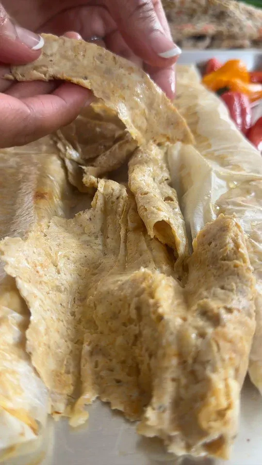 Hand holding shredded meat.