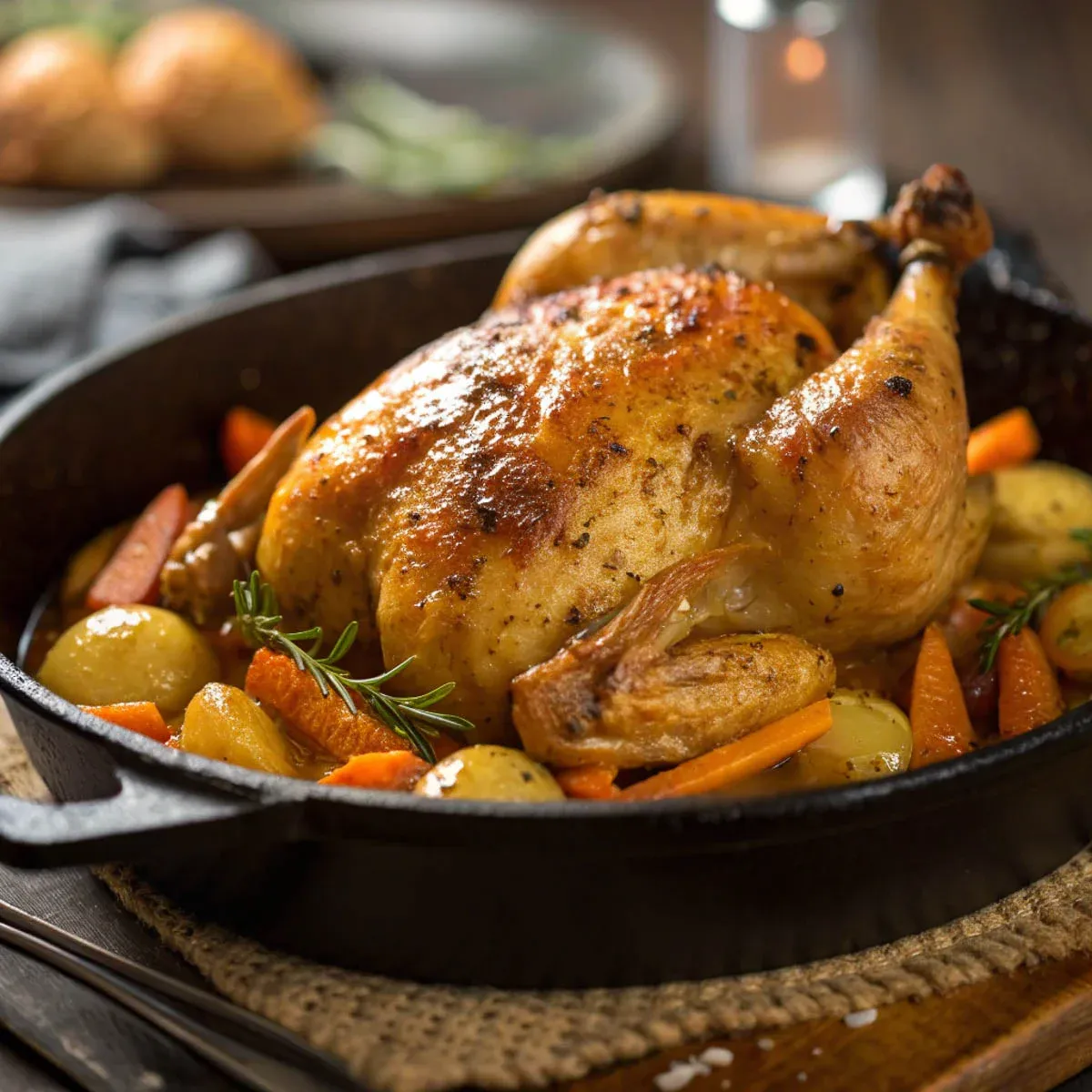 Mediterranean Spatchcock chicken with golden potatoes and carrots in a black skillet.