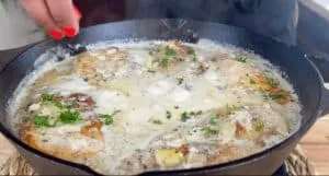 Creamy chicken skillet with herbs and garlic sauce, topped with fresh parsley. Perfect for a delicious homemade meal.