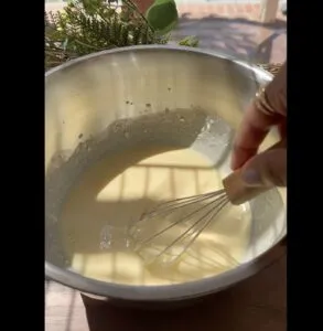 Mixing batter with a whisk in a metal bowl under sunlight, surrounded by greenery. Perfect for baking recipes.